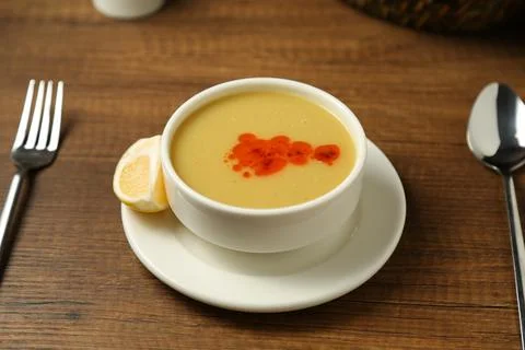 Lentil soup with a slice of lemon Stock Photos