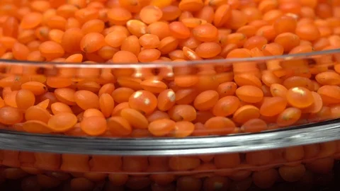 Lentils. Heap of raw uncooked red lentils in bowl in rotation. Video stock 102460260