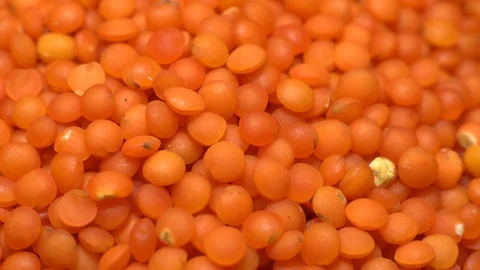 Lentils. Heap of raw uncooked red lentils in bowl in rotation. Video stock 102461561