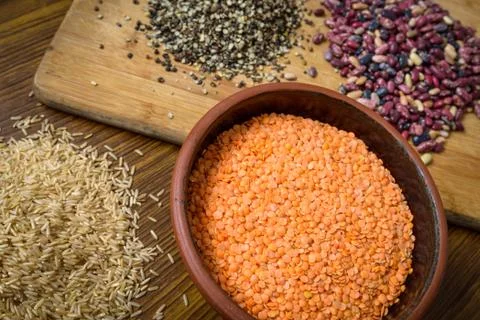 Lentils, red beans and brown rice Stock Photos