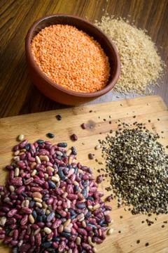 Lentils, red beans and brown rice Stock Photos
