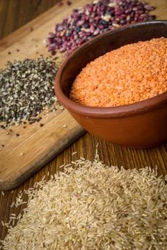 Lentils, red beans and brown rice Stock Photos