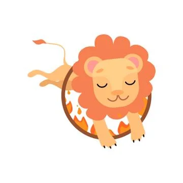 Leo Jumping Through Ring of Fire, Cute Funny Animal Performing in Circus Show Stock Illustration