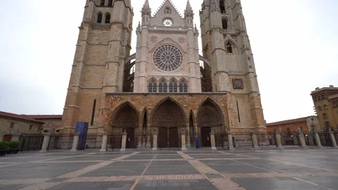 Leon Cathedral at its main access door through the main square, Spain. Stock Footage 197067796