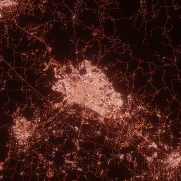 Leon city lights map, top view from space. Aerial view on night street lights Stock Photos