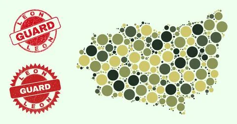 Leon Province Map Collage with Camo Military Round Elements with Textured Guard Stock Illustration