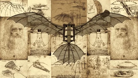 Leonardo Da Vinci Flying Machine Make Maneuvers In Front Of His Inventions Stock Footage