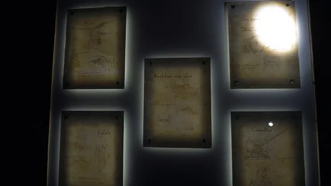 Leonardo's Da Vinci engineering drawing inventions of flight, catapult on the Stock Footage 96215664