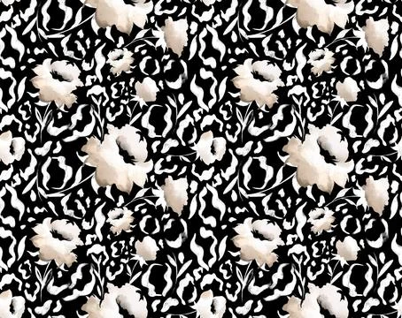 Leopard and flower pattern. Seamless leopard background. Stock Illustration