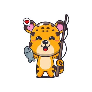 Leopard cartoon vector illustration catching fish with fishing rod Stock Illustration