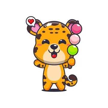Leopard cartoon vector illustration eating dango Stock Illustration
