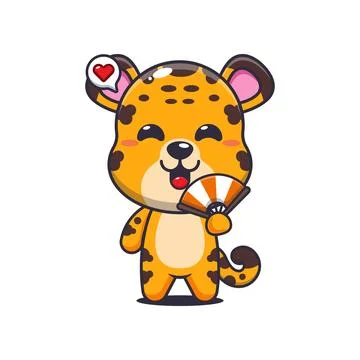 Leopard cartoon vector illustration with hand fan Stock Illustration