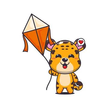 Leopard cartoon vector illustration playing kite Stock Illustration