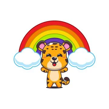 Leopard cartoon vector illustration with rainbow Stock Illustration