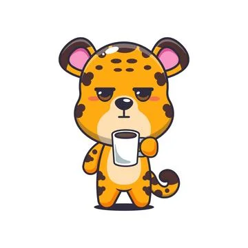 Leopard cartoon vector illustration is tired and sleepy holding coffee Stock Illustration