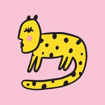 Leopard cat groovy cute comic character boho doodle modern art print イラスト素材