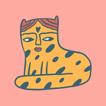 Leopard cat groovy cute comic character boho doodle modern art Stock Illustration
