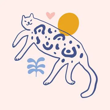 Leopard cat groovy cute comic character boho doodle modern art print Stock Illustration