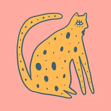 Leopard cat groovy cute comic character boho doodle modern art Stock Illustration