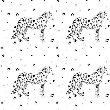 Leopard Cheetah Safari Seamless Pattern Scribble Line Art Vector, Hand Drawn Stock Illustration