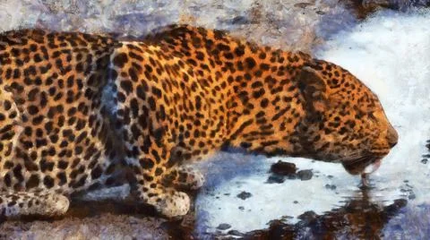Leopard drinks water from the river. Artistic work on the theme of animals Stock Illustration