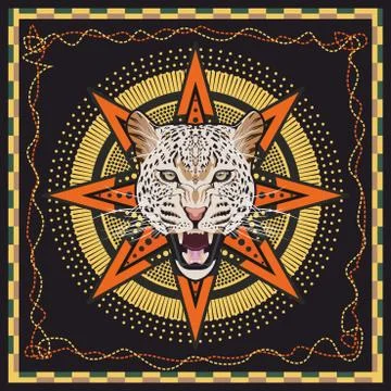Leopard head with geometric pattern in frame. Hand drawn. Shawl, scarf print Stock Illustration