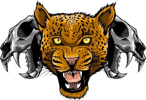 Leopard head with skull in vector, Panthera pardus, big cat, wild animal Stock Illustration