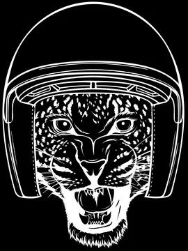 Leopard head in white line on black background Stock Illustration
