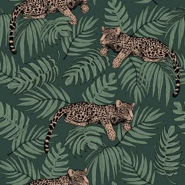 Leopard in the jungle. Seamless pattern of tropical leaves and leopards. A mo Illustrazione stock