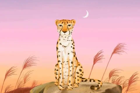 Leopard night safari background, pink sky design 库存插图