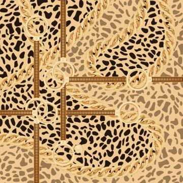 Leopard Pattern with Golden Chain and Belts for Fabric Design. 库存插图