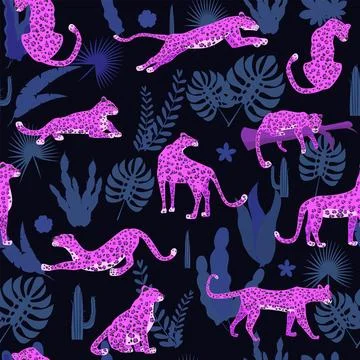 Leopard pink seamless pattern with tropical leaves Stock Illustration