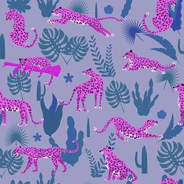 Leopard pink seamless pattern with tropical leaves Stock Illustration