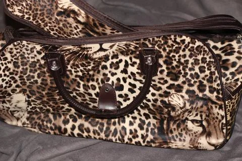 Leopard Print Duffel Bag with Brown Handles and Big Cat Graphic Stock Photos