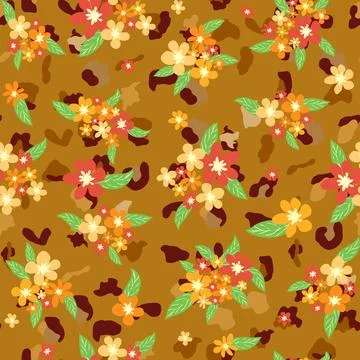 Leopard print with flowers and palm leaves. イラスト素材