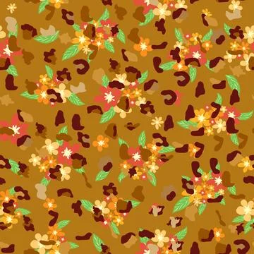 Leopard print with flowers and palm leaves. イラスト素材