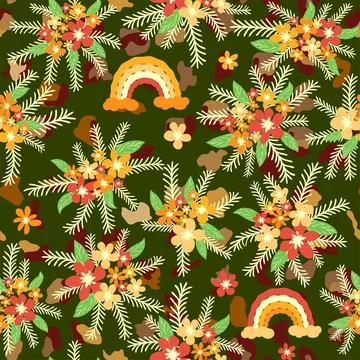 Leopard print with flowers and palm leaves. イラスト素材