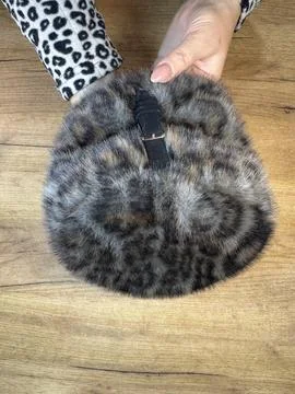 Leopard print fur hat. High-Angle Shot. Stock Photos