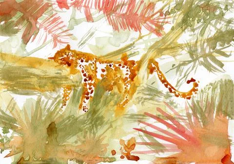 Leopard is resting on the branches of trees in the jungle. Stock Illustration