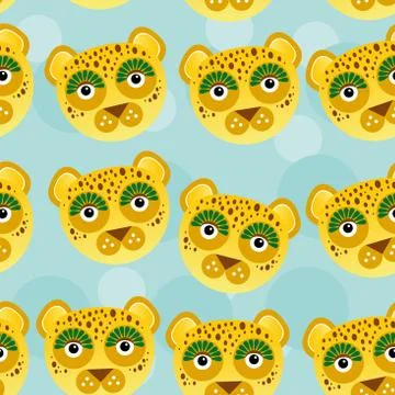 Leopard seamless pattern with funny cute animal face on a blue background Stock Illustration