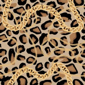 Leopard Seamless Pattern with Golden Chain. Animal Print. 스톡 일러스트