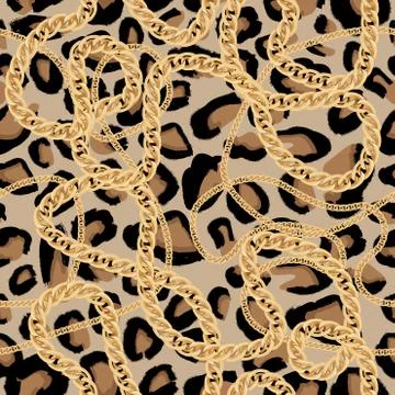 Leopard Seamless Pattern with Golden Chain. Vector Illustration. イラスト素材