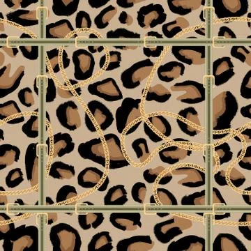 Leopard Seamless Pattern with Golden Chain and Belt. 스톡 일러스트