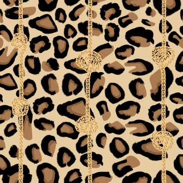 Leopard Seamless Pattern with Golden Chain and Knots. Stock Illustration