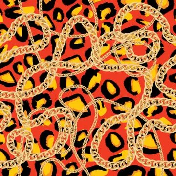 Leopard Seamless Pattern with Golden Chain. Animal Print. Stock Illustration