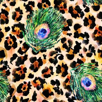 Leopard seamless pattern with peacock feathers. Cheetah animal skin background Stock Illustration