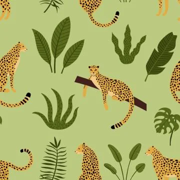 Leopard seamless pattern with tropical leaves Stock Illustration
