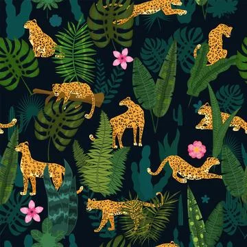 Leopard seamless pattern with tropical leaves Stock Illustration