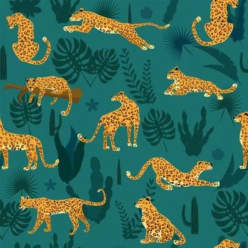 Leopard seamless pattern with tropical leaves Stock Illustration