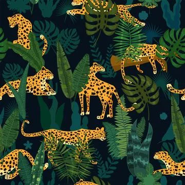Leopard seamless pattern with tropical leaves 스톡 일러스트